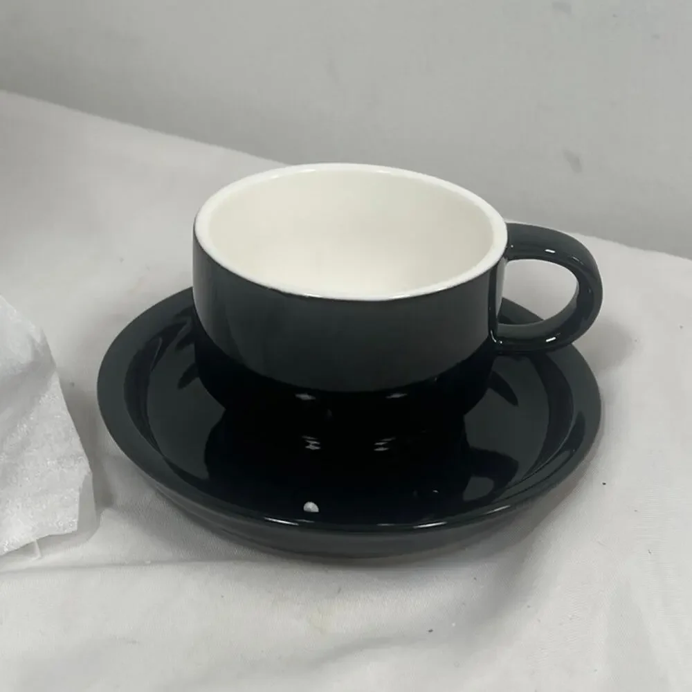 SweeJar 4 oz Espresso Cup & Saucer Set Stackable Porcelain Metal Stand Black